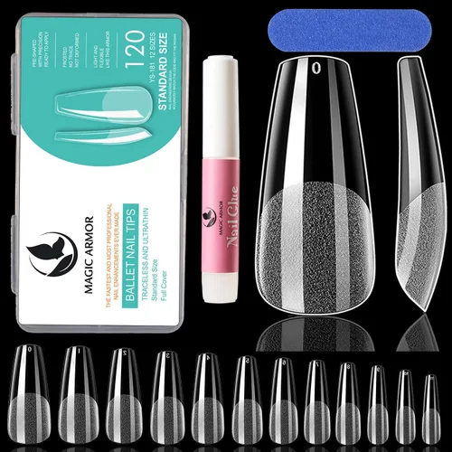 MAGIC ARMOR Puntas de uñas de gel tipo ataúd, 120 puntas de uñas postizas largas medio mate, uñas acrílicas transparentes en forma de ataúd, puntas