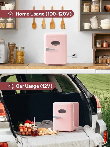 Miniatura 7 de Reemix Mini nevera, 4L/6 latas, enfriador portátil retro para uso doméstico de 120 V y 12 V CC, refrigerador para el cuidado de la piel para Rosa