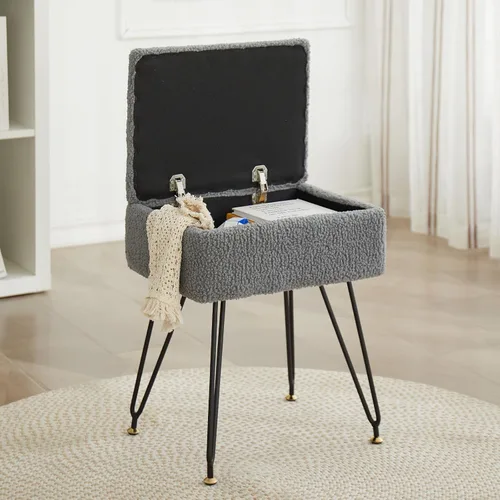 Miniatura 11 de Taburete de tocador, taburete otomano de piel sintética de peluche con patas de metal y pies negros ajustables, silla de maquillaje con Blanco