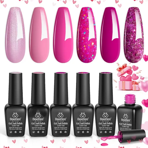 Miniatura 8 de Beetles - Juego de esmaltes en gel para uñas de Navidad, color rosa, rosa, nude, brillantina, luz brillante, kit de 6 colores para semipermanente