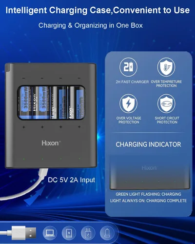 Miniatura 6 de Hixon Combo de baterías recargables AA y AAA de litio de 1.5 V con cargador, 4 x 3500 mWh AA y 4 x 1100 mWh AAA, más de 1600 ciclos, larga duración