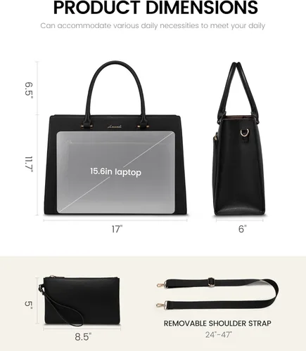 Miniatura 6 de LOVEVOOK Bolsa para laptop para mujer, bolsa de cuero de 15.6 pulgadas con soporte para tazas y embrague desmontable, maletín profesional Negro