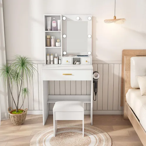 Miniatura 10 de Mesa de tocador con espejo y luces LED ajustables, toma de corriente, soporte para secador de pelo y taburete, para dormitorio pequeño