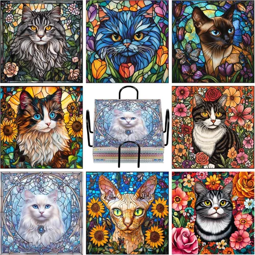 Miniatura 19 de Puraikcmi Juego de 8 posavasos de pintura de diamante, posavasos de arte de diamantes con soporte, manualidades de bricolaje, kits de arte