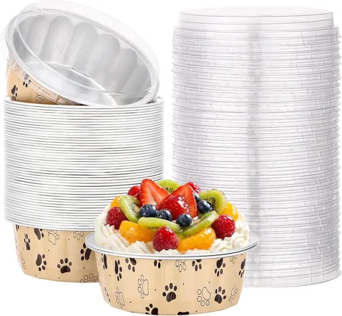 Miniatura 42 de Beasea Ramequines con tapas, 8oz 50 unidades de tazas de aluminio desechables para hornear, tazas de papel de aluminio plateado para creme brulee