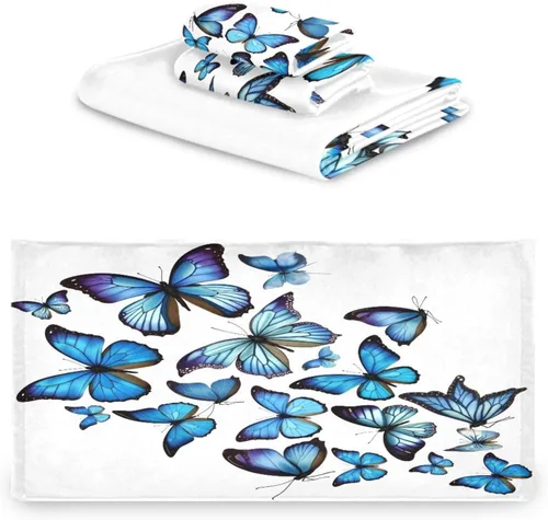Miniatura 2 de ALAZA Juego de 3 toallas de baño con diseño de mariposas azules, 1 toalla de baño, 1 toalla de mano, 1 toallita suave, multiusos, para baño, hotel