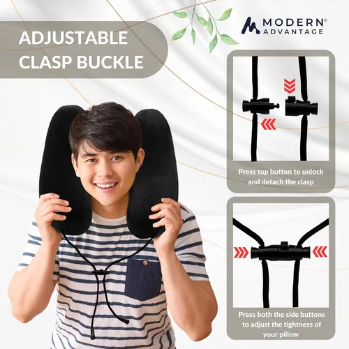 Miniatura 5 de Modern Advantage Almohada inflable de viaje para aviones con capucha cómoda, soporte ajustable para el cuello, almohada ligera y compacta para Negro