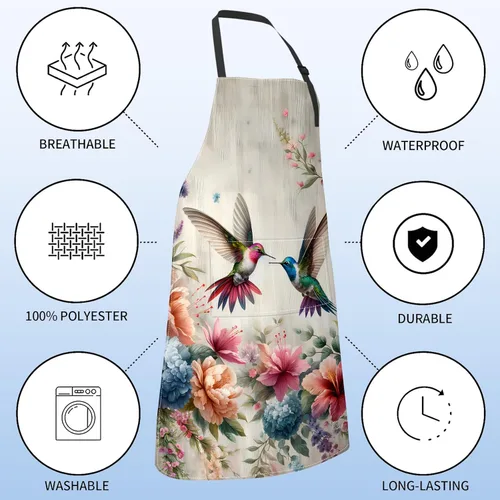 Miniatura 3 de Delantal de pájaro para mujer con colibrí, 28 x 33 pulgadas, delantales de cocina de jardín floral con 2 bolsillos, tela Oxford, hermoso delantal