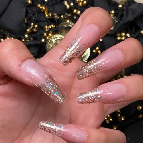 Miniatura 2 de GOLD VIBES - Uñas a presión de Lavaa Beauty Punta dorada con purpurina degradada Ataúd extra largas Vibes de oro