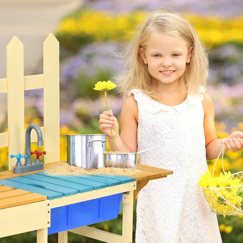 Miniatura 9 de Costzon Cocina de barro para niños al aire libre, cocina de madera con fregadero extraíble, grifo, estantes de almacenamiento, mesa de barro, juego