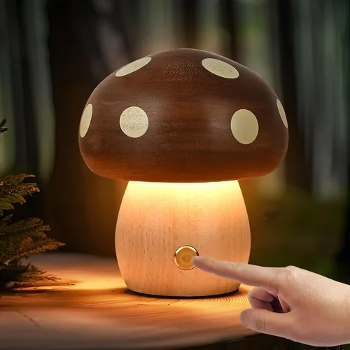 Miniatura 2 de Lámpara de mesa de madera con forma de hongo pequeño, LED, recargable, inalámbrica, táctil, luz nocturna de atenuación continua, lámpara de batería