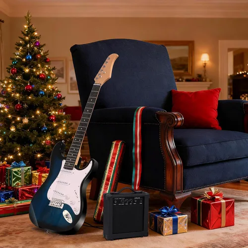 Miniatura 2 de Guitarra eléctrica de tamaño completo de 39 pulgadas, kit de iniciación para principiantes con amplificador de 10W, púas, cuerdas, barra de trémolo
