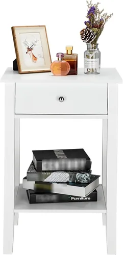 Miniatura 7 de Mesita de noche blanca con cajón, mesa auxiliar, mesa auxiliar, mesita de noche simple con almacenamiento de estantes, estantería pequeña, estante