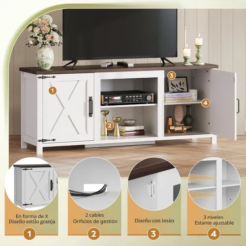 Miniatura 6 de WLIVE Moderno soporte de TV de granja para televisores de hasta 65 pulgadas, centro de entretenimiento con puertas de granero en forma de X, consola
