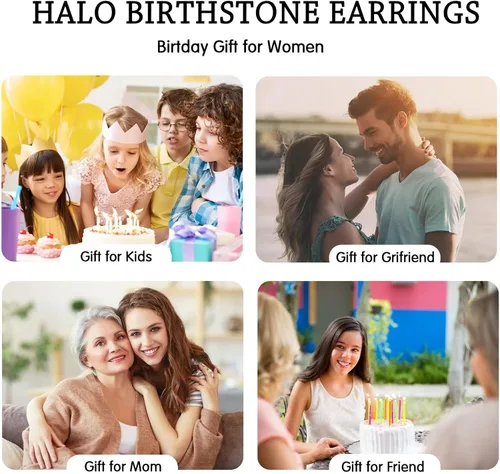 Miniatura 7 de Aretes de piedra natal natural de 0.8 quilates para mujeres y niñas, aretes de plata de ley 925 con halo de corte redondo amatista rubí, topacio
