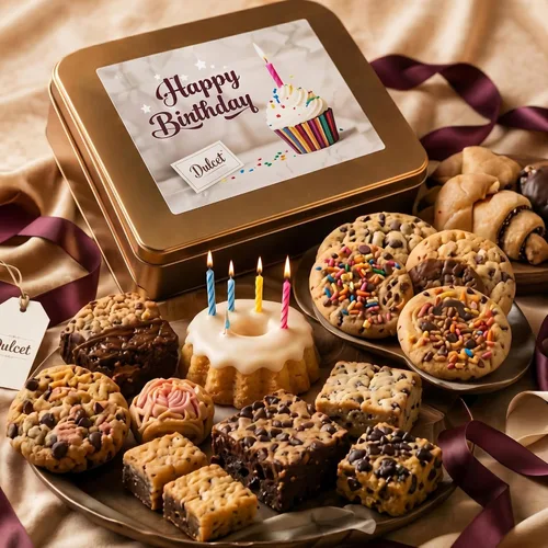 Cesta de regalo gourmet de feliz cumpleaños, surtido de galletas y brownie recién horneados en elegante caja de lata reutilizable, regalos de comida