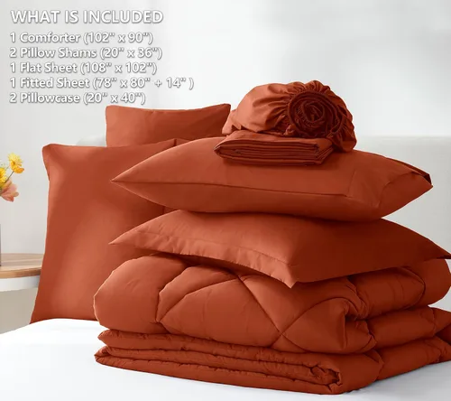 Miniatura 6 de CozyLux Juego de edredón tamaño King, color naranja quemado, toda la ropa de cama en una sola bolsa, 7 piezas: edredón, fundas de almohada