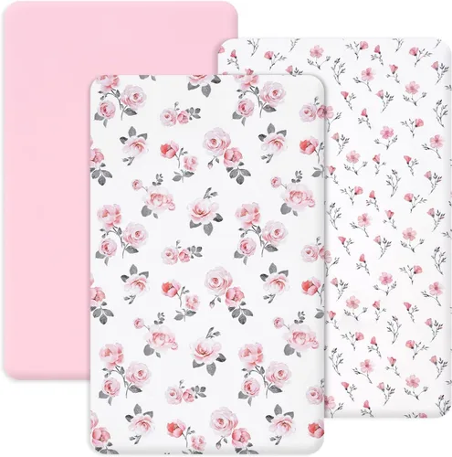 Miniatura 8 de PHF 3 paquetes de sábanas de cuna suaves, sábanas bajeras florales rosa transpirables y cómodas para niñas, ajuste universal sin deslizamiento