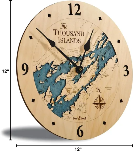 Miniatura 10 de Sea & Soul Thousand Islands - Reloj de pared de 12 pulgadas, hecho a mano en los Estados Unidos, reloj topográfico de mapa de agua, reloj de pared