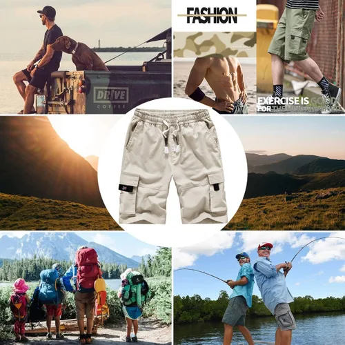 Miniatura 7 de APTRO Pantalones cortos cargo para hombre, cintura elástica, cordón de verano, pantalones cortos de algodón casuales grandes y altos, pantalones