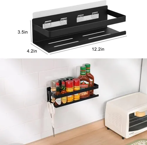 Miniatura 4 de Estante de especias para refrigerador, cocina, hogar, organización y almacenamiento adhesivo (paquete de 2, negro)
