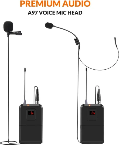 Miniatura 5 de innopow Sistema de micrófonos inalámbricos de 200 canales, micrófono de solapa inalámbrico, sistema de micrófono de solapa inalámbrico UHF dual