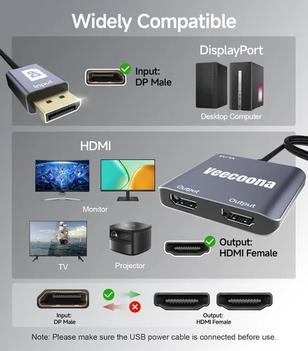 Miniatura 6 de Adaptador DisplayPort a Dual HDMI 1 entrada y 2 salidas 4K60Hz, divisor de puerto de pantalla extendida de DP a HDMI para monitores duales