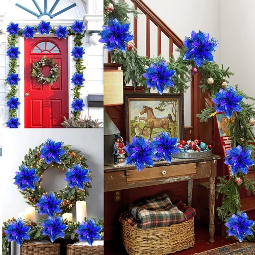 Miniatura 4 de 15 Piezas Flores de Navidad Artificiales Decoraciones de Flor de Pascua con Clips y Tallos, Decoraciones de Flor de Pascua de Navidad con Purpurina