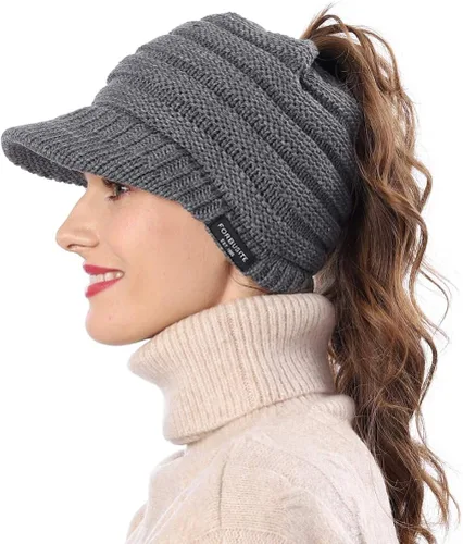 Miniatura 3 de FORBUSITE Gorro de punto cálido para mujer con diseño de cola de caballo para coleta, gorro B085