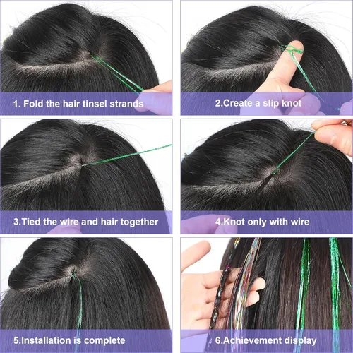 Miniatura 4 de FEBSNOW Extensión de cabello de 47 pulgadas con herramienta 2400 mechones, 12 colores mezclados, kit de extensiones de cabello con brillantina