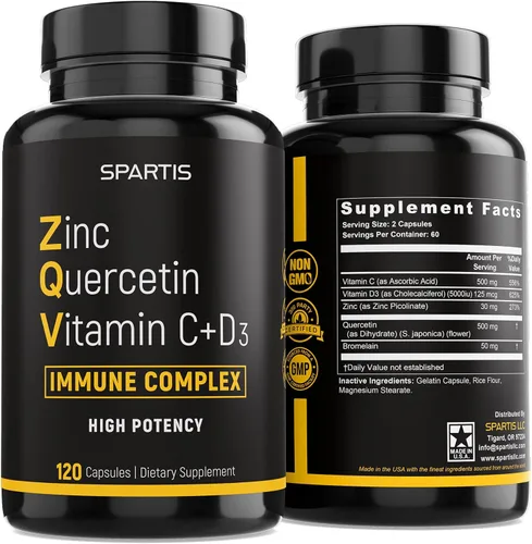 Quercetina de Zinc 500mg con Vitamina C Vitamina D3 Bromelina Apoyo Inmunológico Quercetina de Alta Potencia Zinc Suplemento ZQV de SPARTIS (Paquete