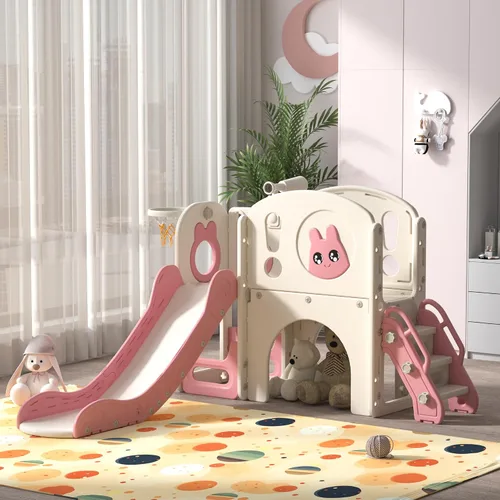 Miniatura 10 de NYEEKOY Juego de tobogán y escalador 8 en 1 para niños pequeños, parque infantil con escaleras, túnel, telescopio, almacenamiento, aro de baloncesto