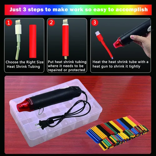Miniatura 5 de Kit de tubos termorretráctiles + mini pistola de calor para tubos retráctiles, 328 tubos retráctiles de alambre 2:1 + pistola termorretráctil de 300