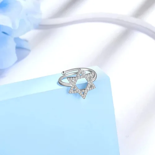 Miniatura 5 de Jewmon Anillo ajustable de estrella de David judía para mujer, plata de ley 925, circonita cúbica, estrella de David, anillo judío abierto, amuleto