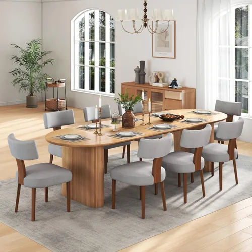 Miniatura 16 de Juego de mesa de comedor ovalada extensible de 59 a 90 pulgadas con 4 sillas de comedor con respaldo en T para 4 personas, moderna mesa de comedor