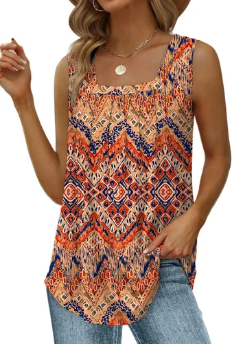 Miniatura 56 de Saloogoe - Camisetas sin mangas veraniegas para mujeres, plisadas con cuello cuadrado y dobladillo curvado, blusas de ajuste holgado con movimiento