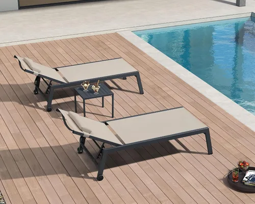 PURPLE LEAF Juego de sillas de lounge al aire libre de gran tamaño de 3 piezas para patio, tumbona para piscina, estructura de aluminio con mesa