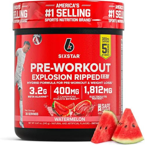Six Star Pre-Workout Explosion, Sandía (30 porciones) - Suplemento en polvo de energía preentrenamiento para hombres y mujeres - Mezcla de bebida
