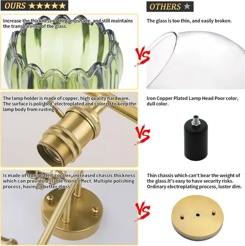 Miniatura 8 de Shenmoyl Accesorios de iluminación de baño, lámpara de pared de latón de 3 luces sobre espejo con pantalla de vidrio en forma de tulipán verde