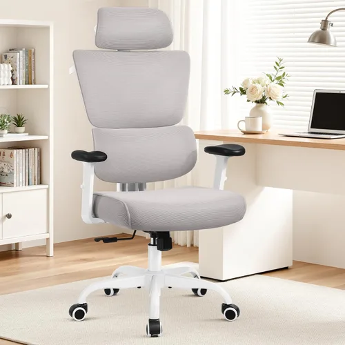 Miniatura 9 de Silla de Oficina Ergonómica de Respaldo Alto Silla de Escritorio con Soporte Lumbar, Silla de Computadora de Malla Transpirable con Reposabrazos Gris