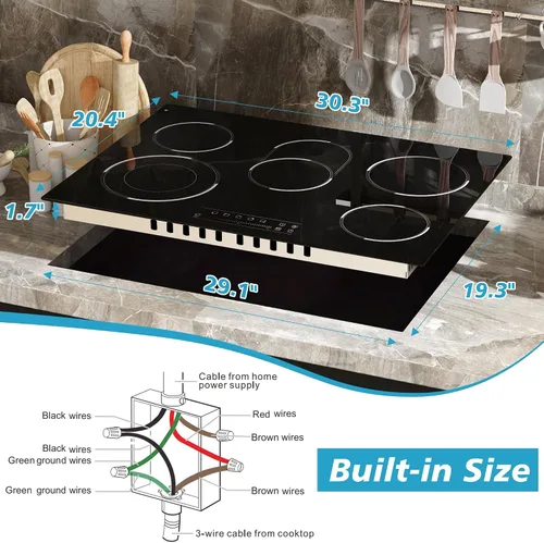 Miniatura 7 de Placa eléctrica de 5 quemadores, 30 pulgadas 8400 W, estufa eléctrica incorporada, placa de cerámica de vidrio con zona expandida, control táctil