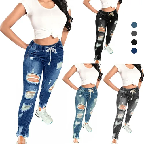 Miniatura 4 de KUNMI Pantalones vaqueros rasgados elásticos de cintura alta para mujer, pantalones de mezclilla destruidos en tallas grandes