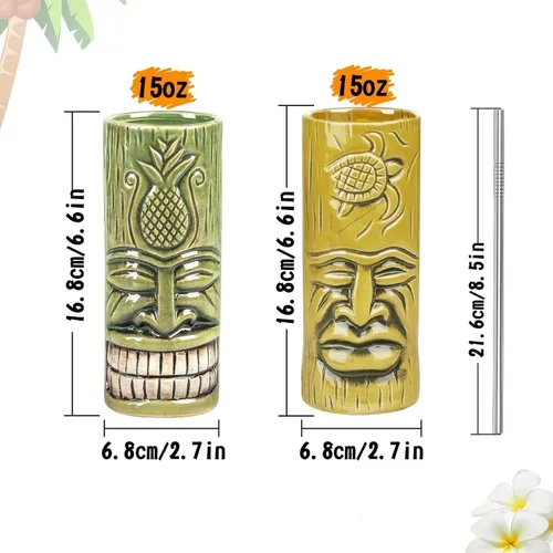 Miniatura 2 de SuproBarware Tiki - Juego de 2 tazas de cerámica para fiestas con pajitas, juego de tazas creativas grandes hawaianas grandes para bar