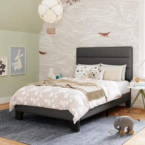 Miniatura 13 de GOLDORO Base de cama de plataforma de tamaño individual con cabecera tapizada, soporte de listones de madera, no necesita somier, fácil montaje