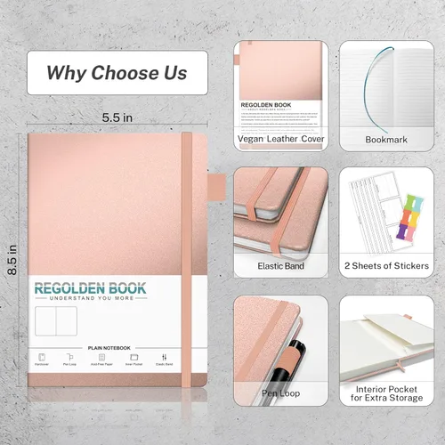 Miniatura 5 de Regolden-Book Diario en blanco de tapa dura, tamaño A5, diarios de papel grueso en blanco con soporte para bolígrafo para mujeres y hombres