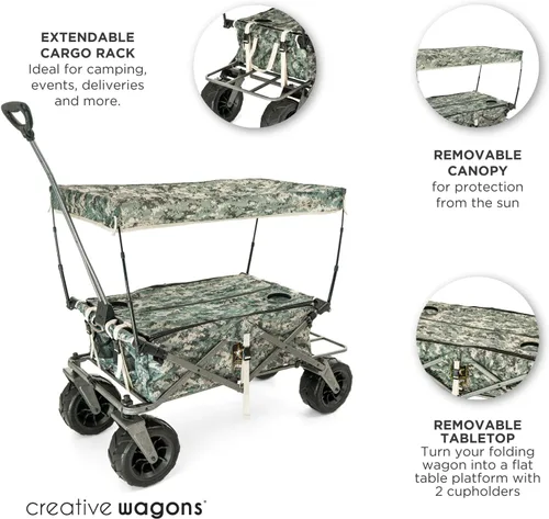 Miniatura 2 de Cochecito creativo para exteriores, carrito de playa XXL Deluxe con toldo, carrito plegable plegable y portátil, soporta hasta 200 libras de Ejército