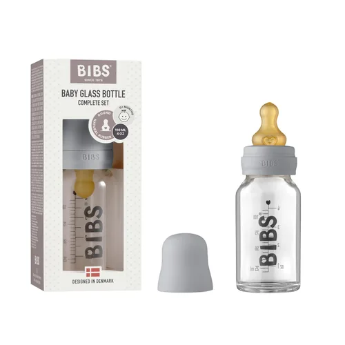 BIBS Biberón de cristal para bebé. Anti-cólico. Pezón redondo de látex de caucho natural. Soporta lactancia materna, juego completo - 3.7 fl oz, nube