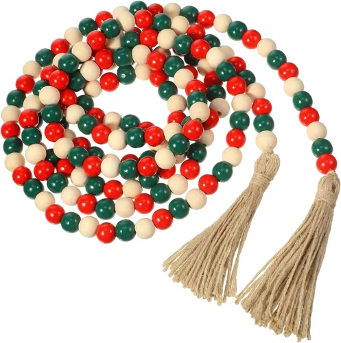 Miniatura 14 de Guirnalda de cuentas de madera con borlas, guirnalda de cuentas de madera para chimenea, estilo rústico, estilo vintage, bohemio, para fiesta