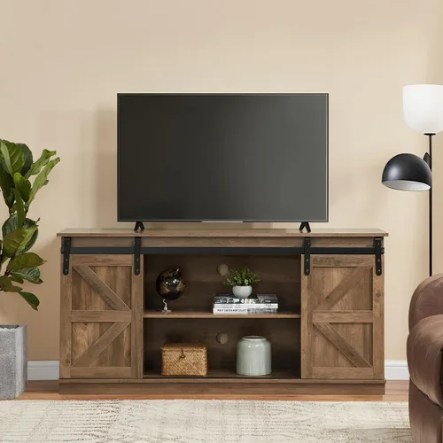 Miniatura 13 de Soporte de TV con puerta corrediza de granero, centro de entretenimiento de madera moderna y rústica, armario de almacenamiento, mesa de estar