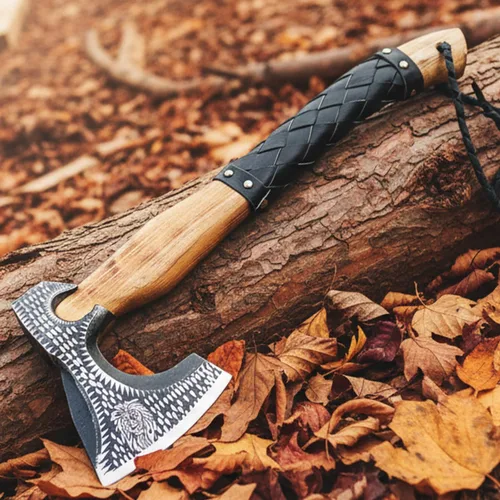 Miniatura 10 de AX-3016 Hacha vikinga de acero al carbono forjada con eje de madera de fresno - Hacha de camping barbuda vikingo